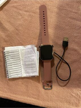 Pink Silicone Smartwatch with Charging Cable